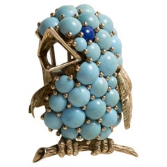 Vintage Rossi 18K Gold Turquoise & Lapis Lazuli Bird Brooch