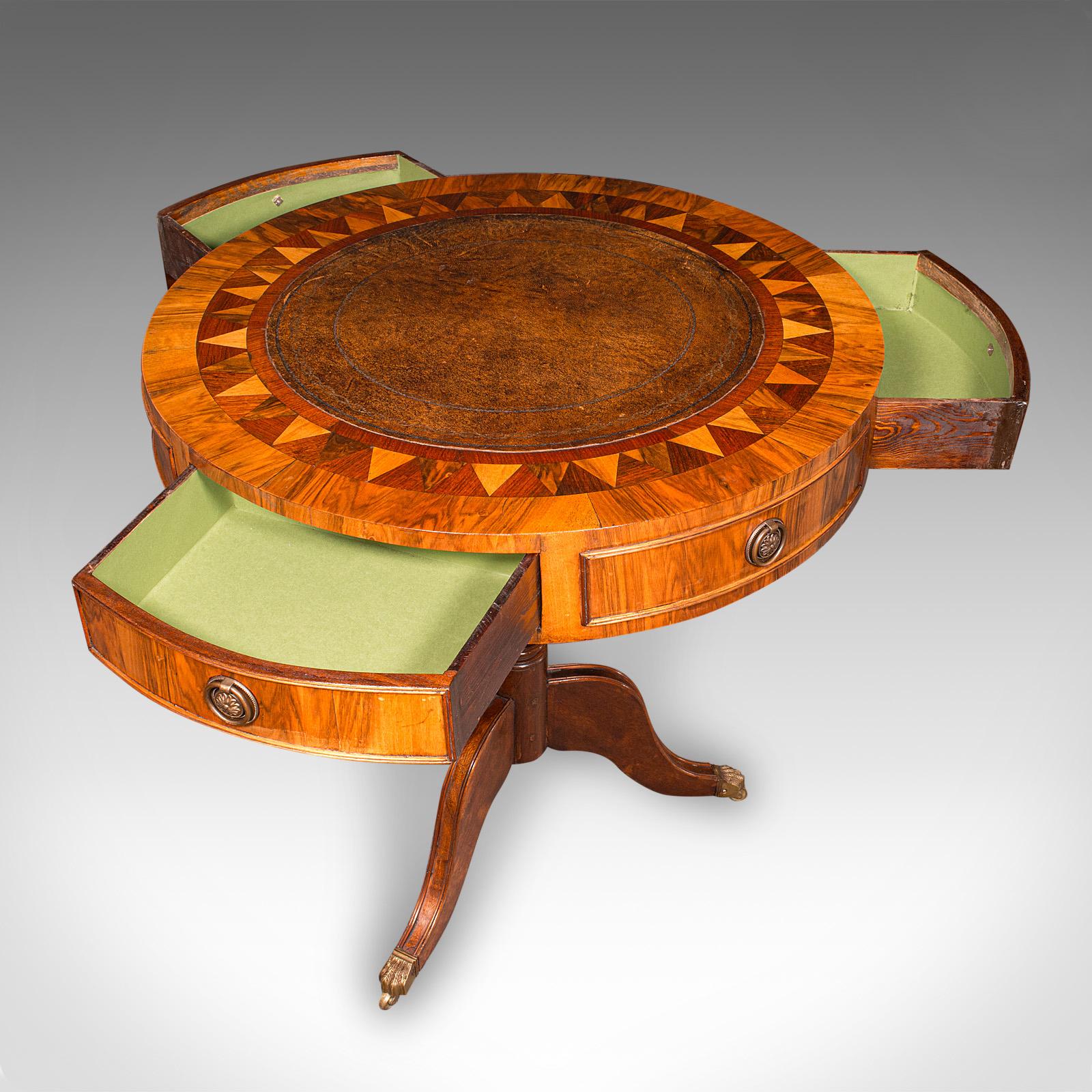 Vintage Rotary Centre Table, English, Walnut, Leather, Games, Regency Revival For Sale 4
