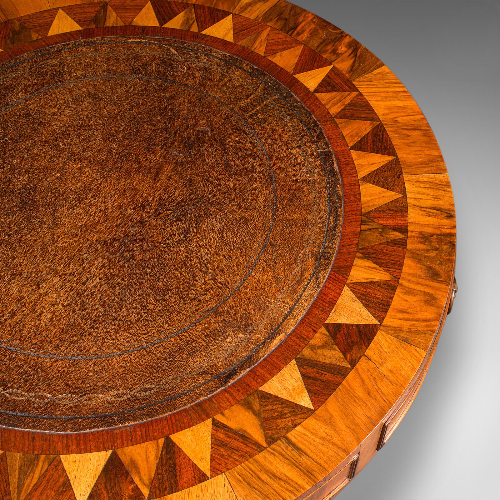 Vintage Rotary Centre Table, English, Walnut, Leather, Games, Regency Revival For Sale 5