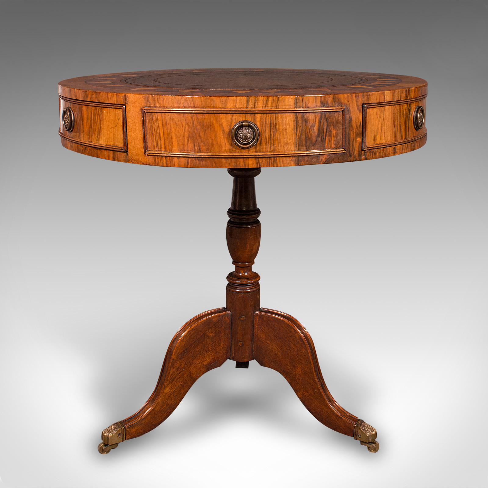 British Vintage Rotary Centre Table, English, Walnut, Leather, Games, Regency Revival For Sale