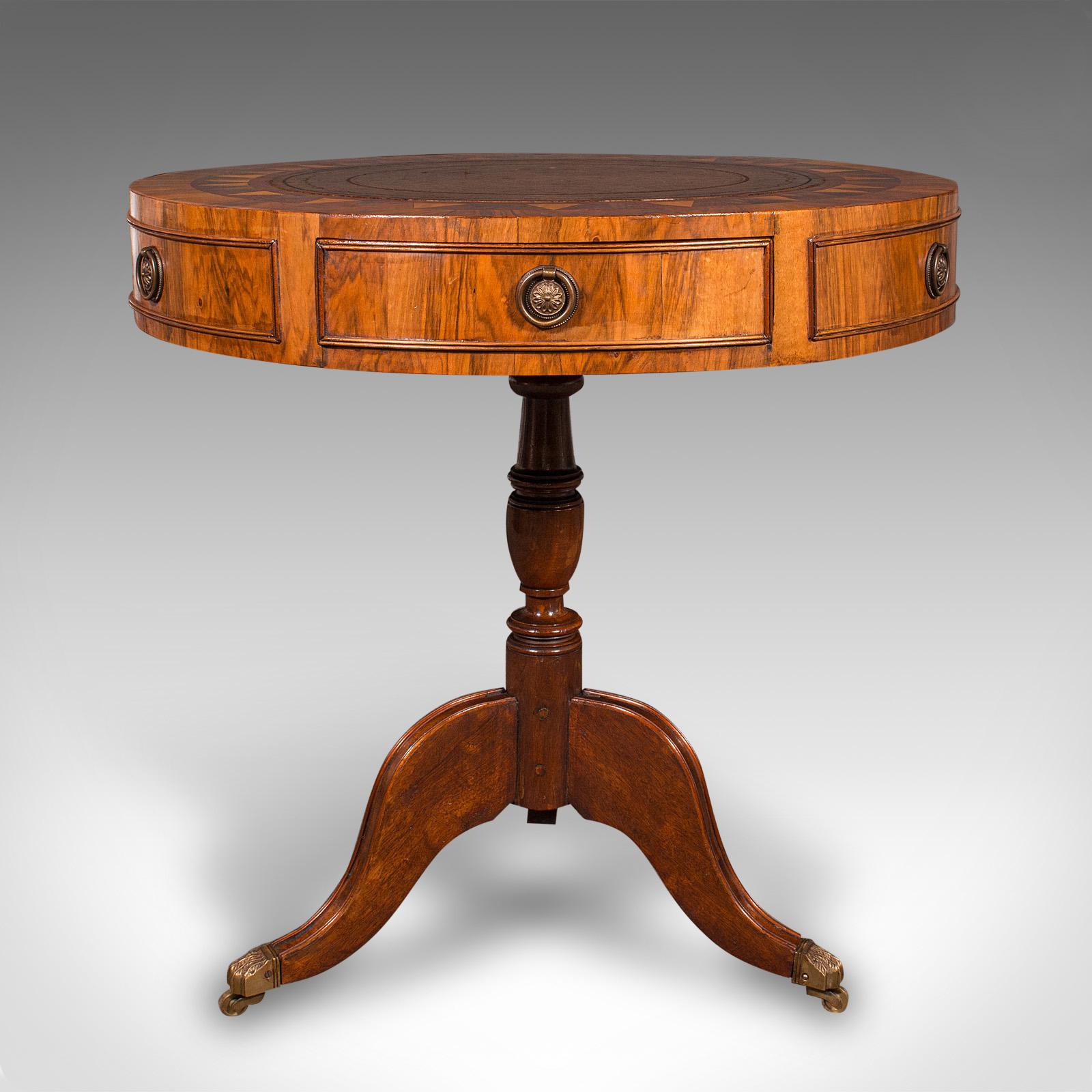 Vintage Rotary Centre Table, English, Walnut, Leather, Games, Regency Revival In Good Condition For Sale In Hele, Devon, GB