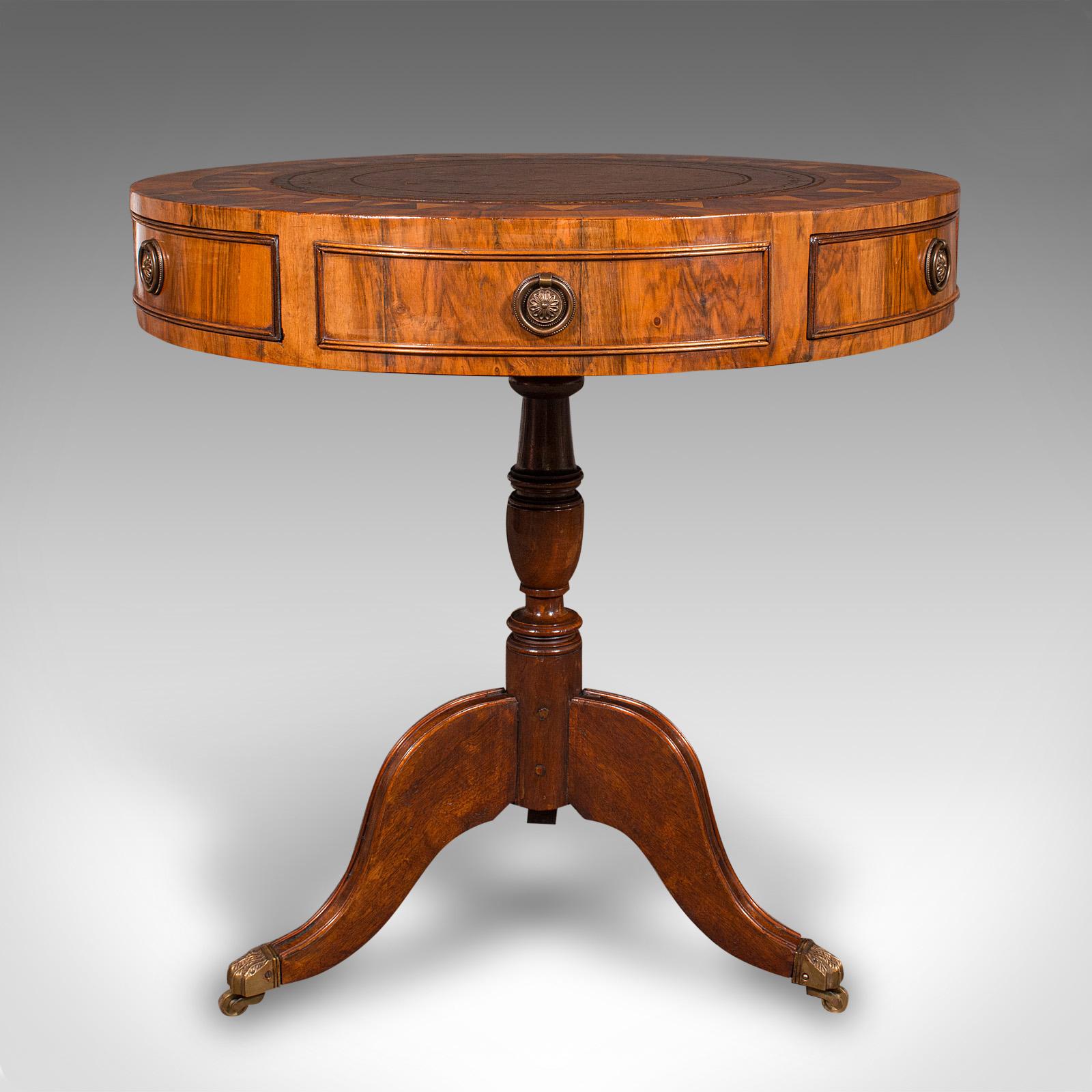 Late 20th Century Vintage Rotary Centre Table, English, Walnut, Leather, Games, Regency Revival For Sale