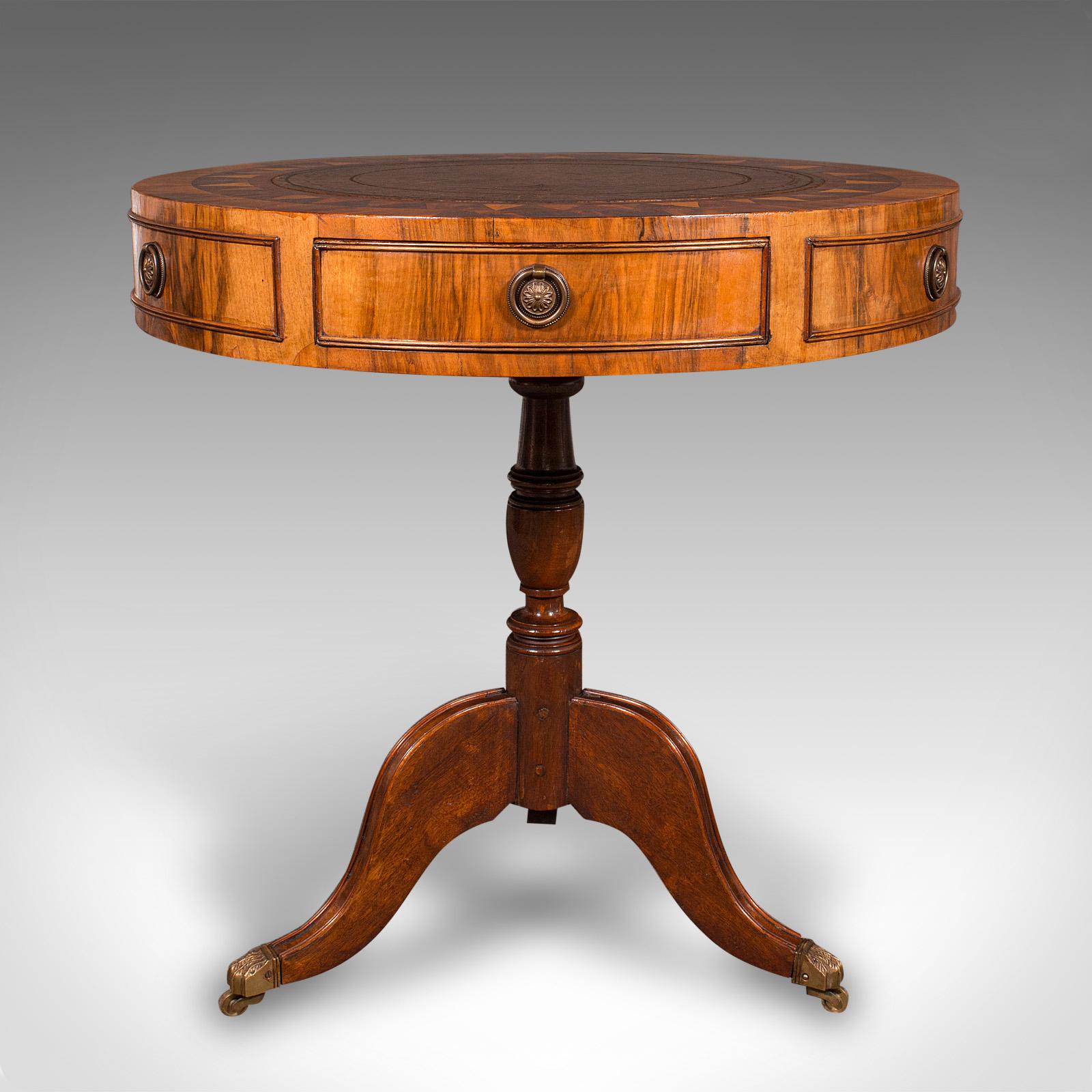 Mahogany Vintage Rotary Centre Table, English, Walnut, Leather, Games, Regency Revival For Sale