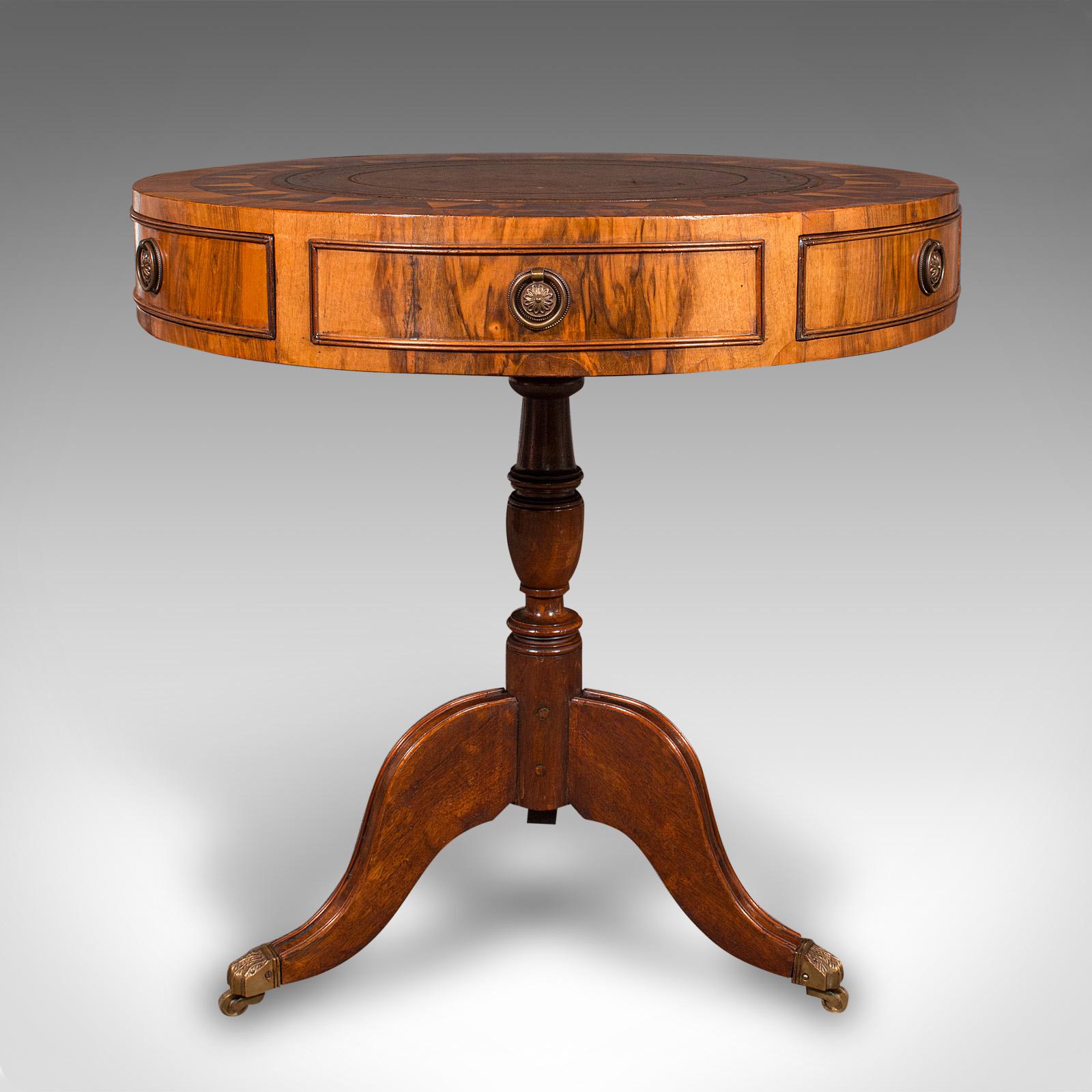 Vintage Rotary Centre Table, English, Walnut, Leather, Games, Regency Revival For Sale 1