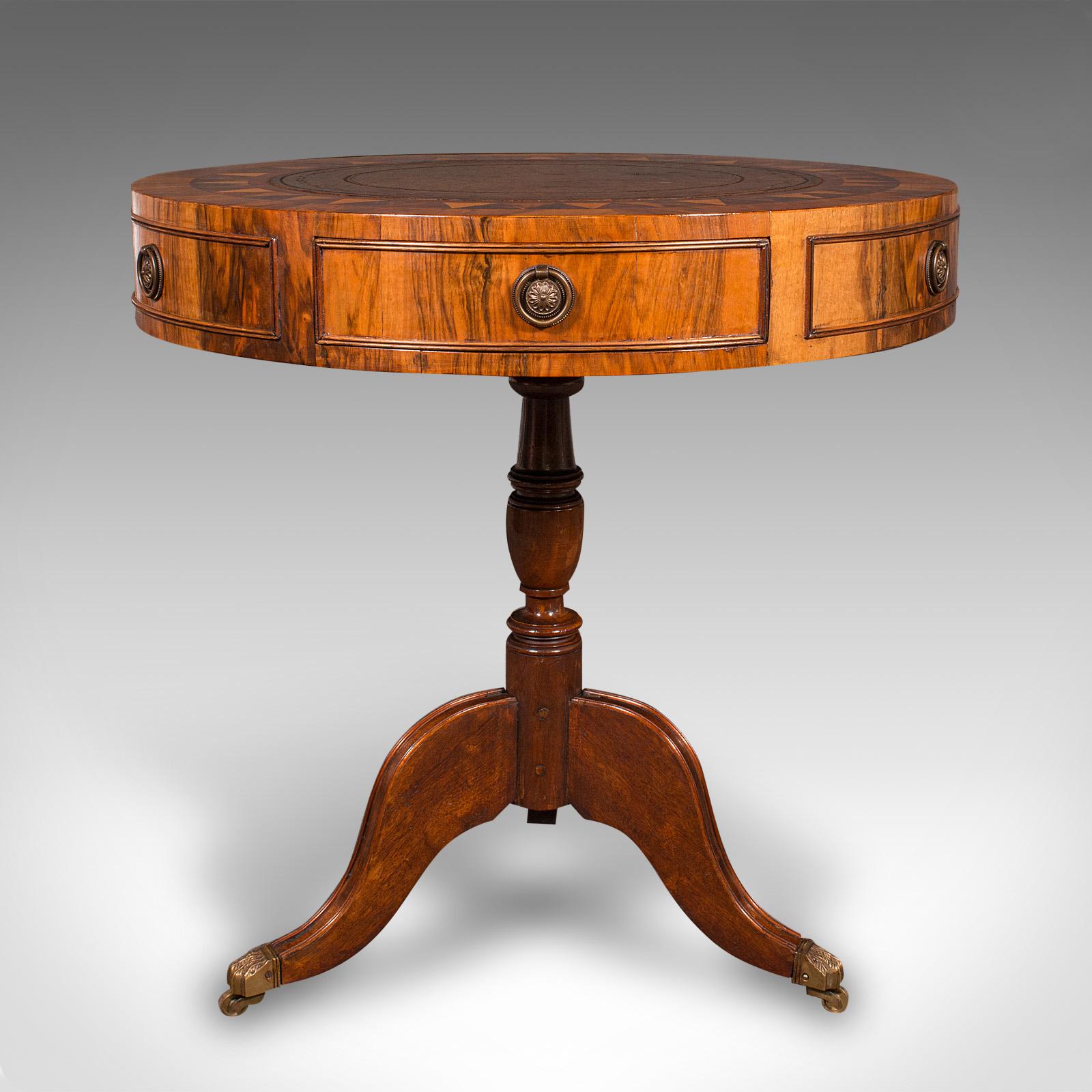 Vintage Rotary Centre Table, English, Walnut, Leather, Games, Regency Revival For Sale 2