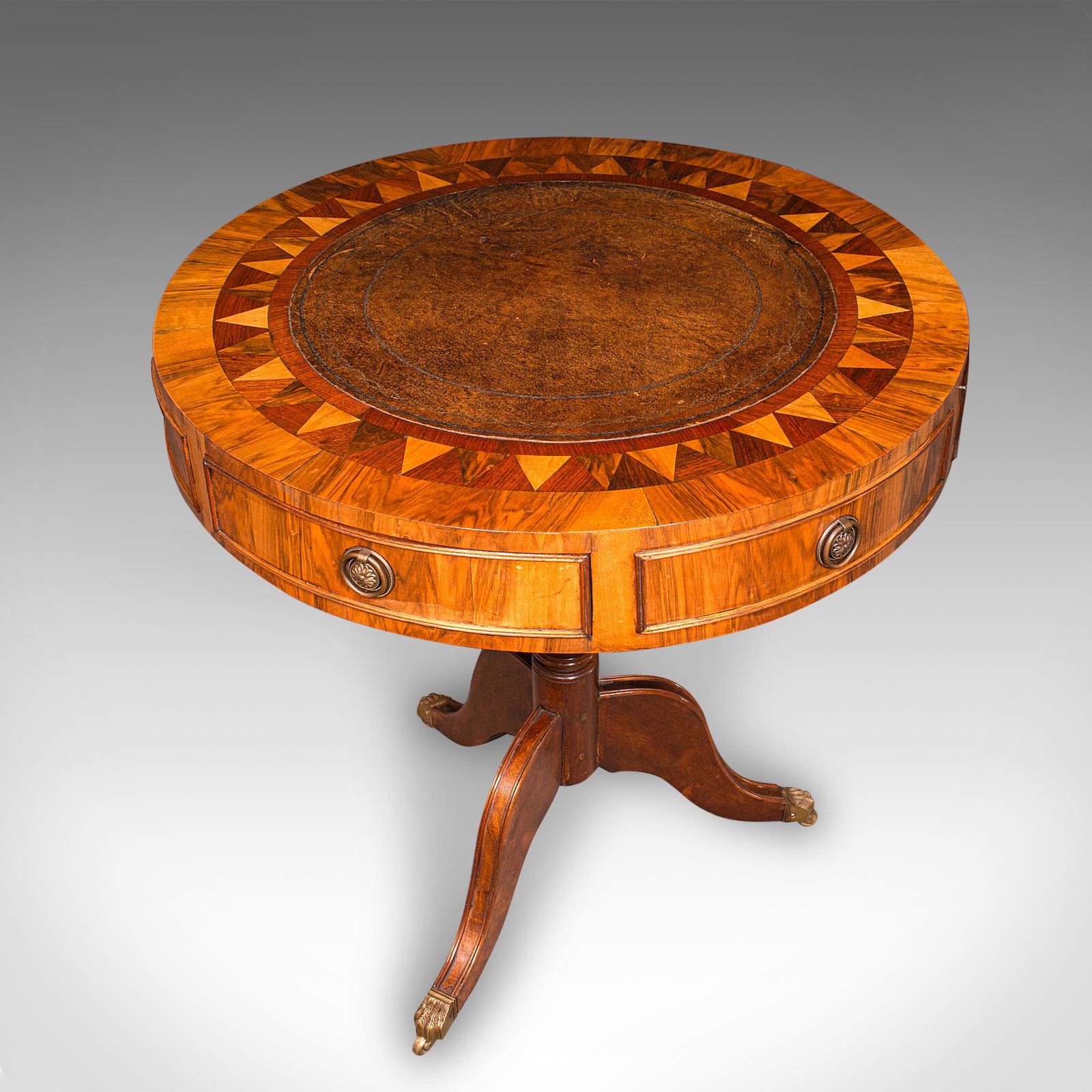 Vintage Rotary Centre Table, English, Walnut, Leather, Games, Regency Revival For Sale 3