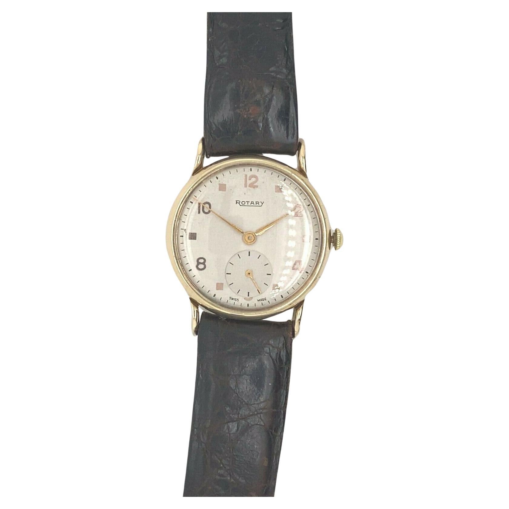 Vintage Rotary Watch with Original Brown Leather Strap in 9ct Gold For Sale