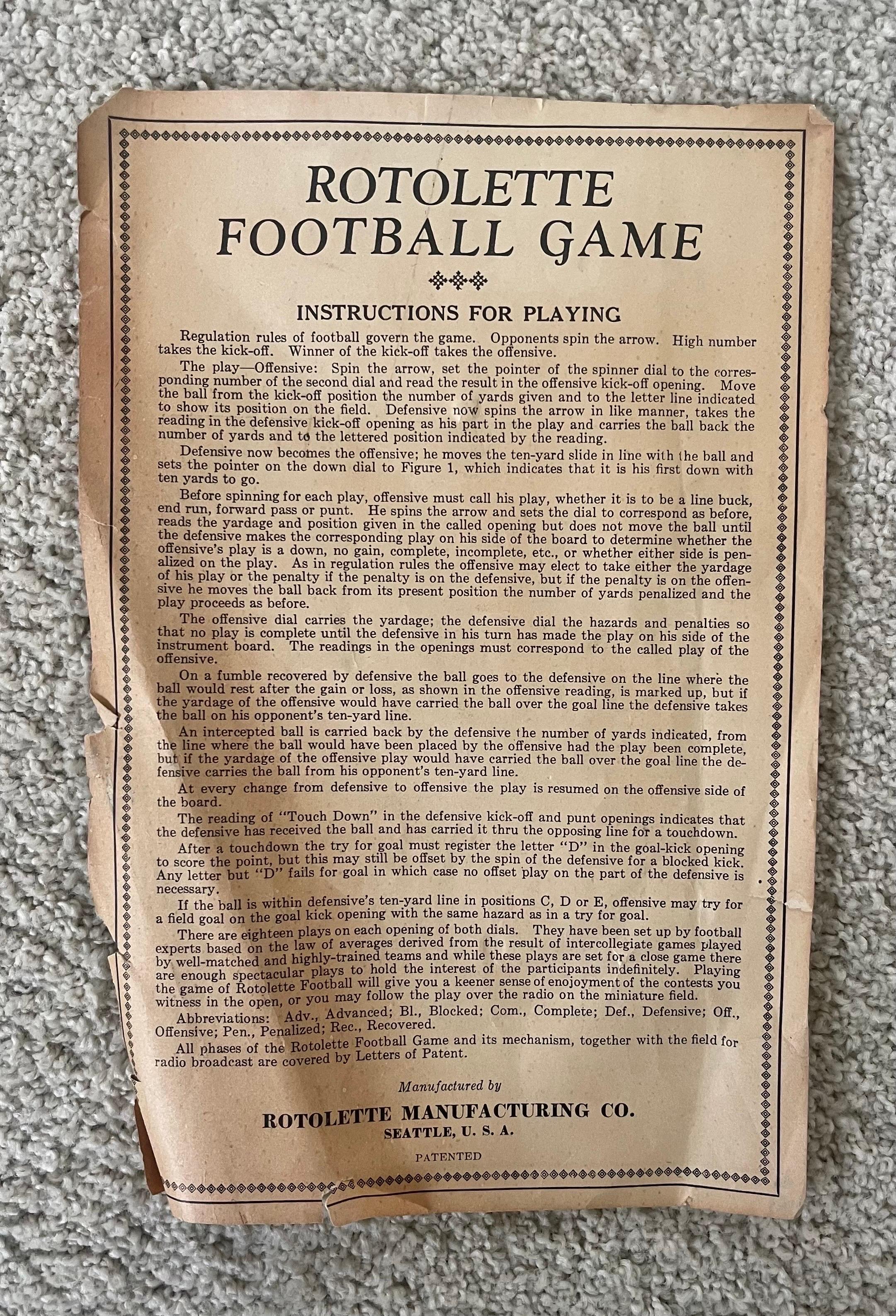 Vintage Rotolette Football Board Game For Sale 3