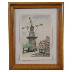 Vintage Rotterdam Dutch Windmill Offset Lithograph Print Framed