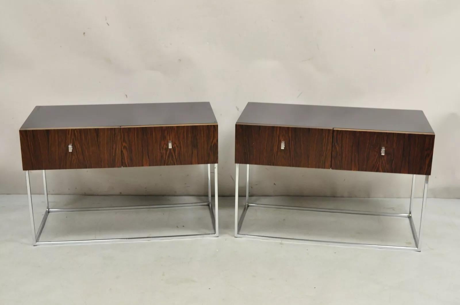Vintage Rougier Mid Century Danish Modern Rosewood & Chrome 2 Drawer Nightstands with Black Painted Tops and Sides - a Pair. Circa Mid 20th Century. Measurements: 21