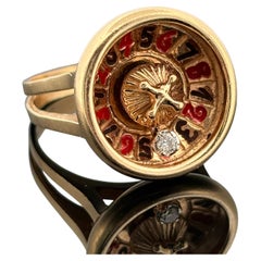 Vintage Roulette Spinning Diamond Enamel Ring 14k Gold