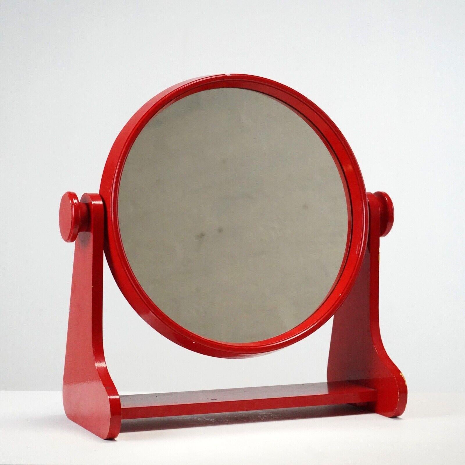 Brutalist Vintage Round 1980s Red Vanity Mirror - Adjustable Dressing Table Mirror