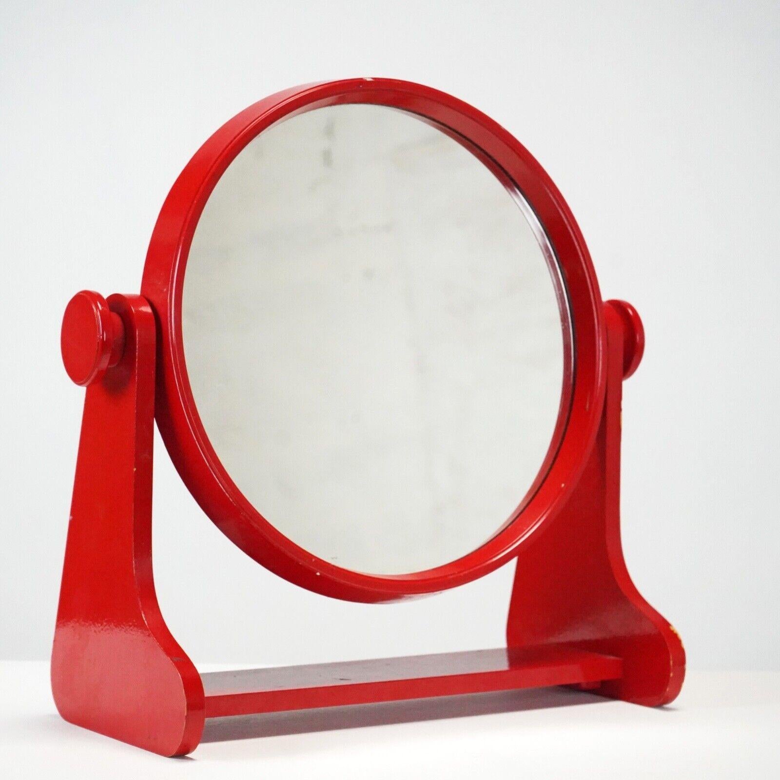 Vintage Round 1980s Red Vanity Mirror - Adjustable Dressing Table Mirror 1