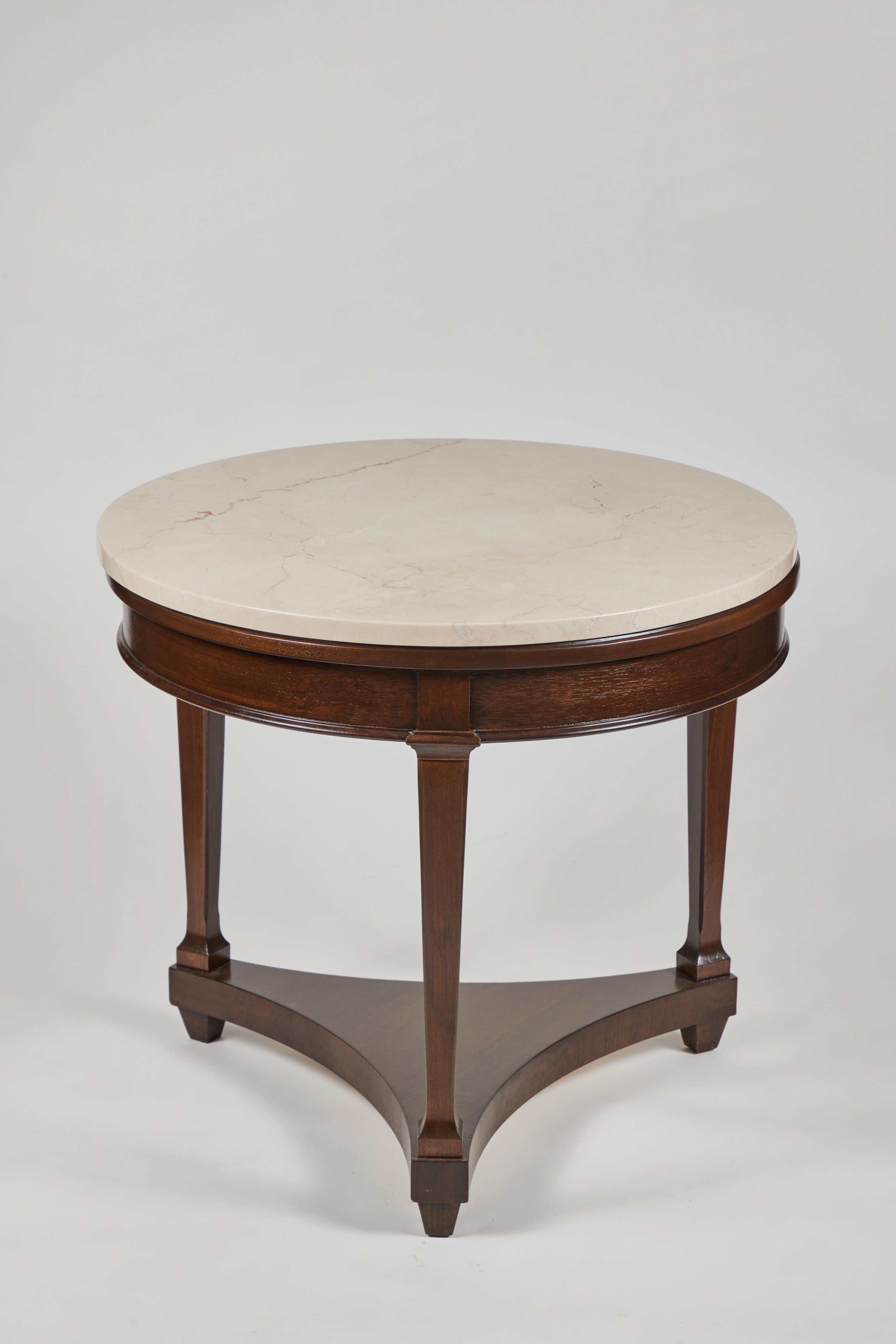 Vintage round 3 leg oak side table, newly refurbished and with a new creamy/gold marble top.