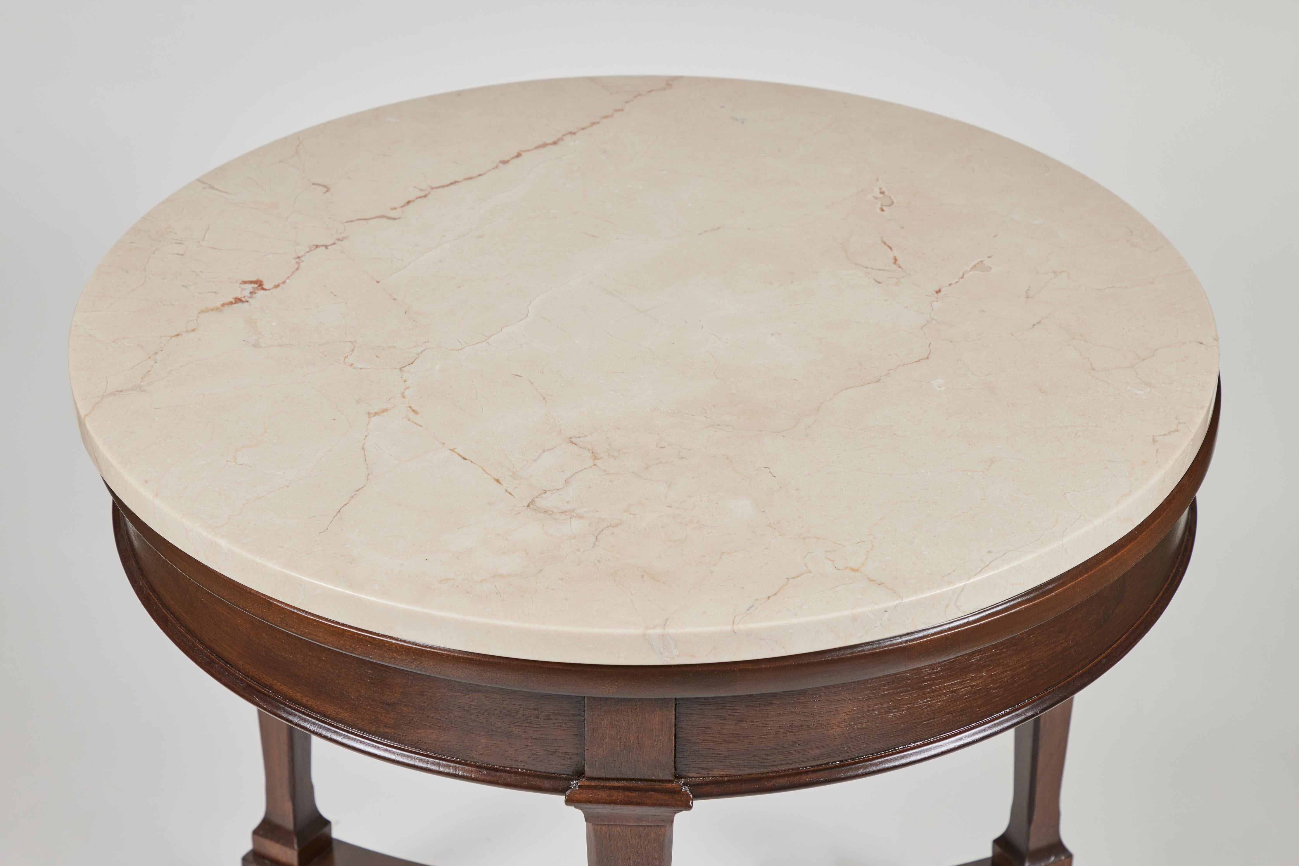 Vintage Round 3 Leg Oak Side Table w/ New Marble Top In Excellent Condition In Pasadena, CA