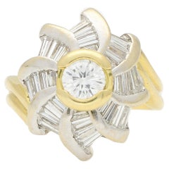 Vintage Round and Baguette Cut Diamond Twisted Cluster Ring in 18k Gold