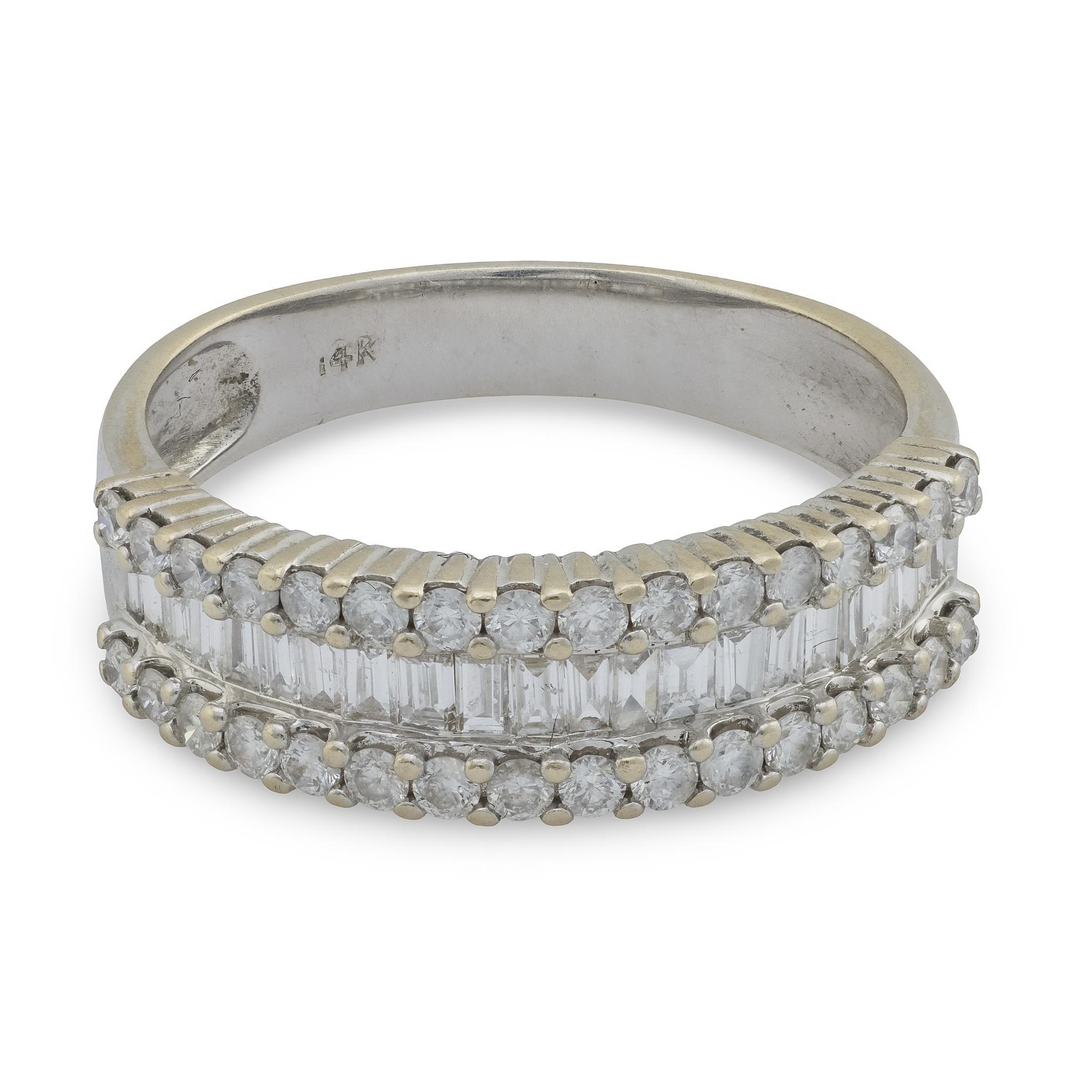 Modern Vintage round and baguette diamond 14k white gold half eternity band For Sale