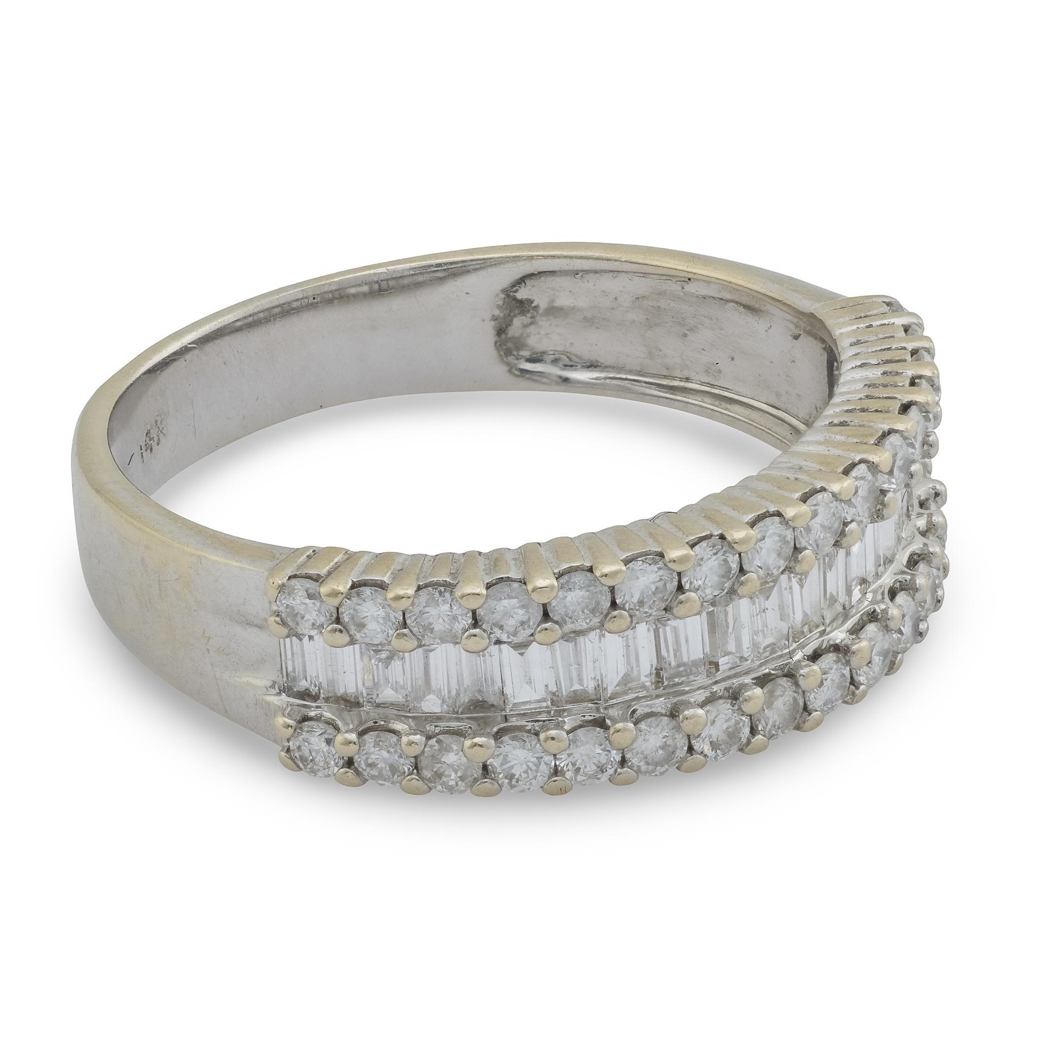 Vintage round and baguette diamond 14k white gold half eternity band In Good Condition For Sale In Beverly Hills, CA