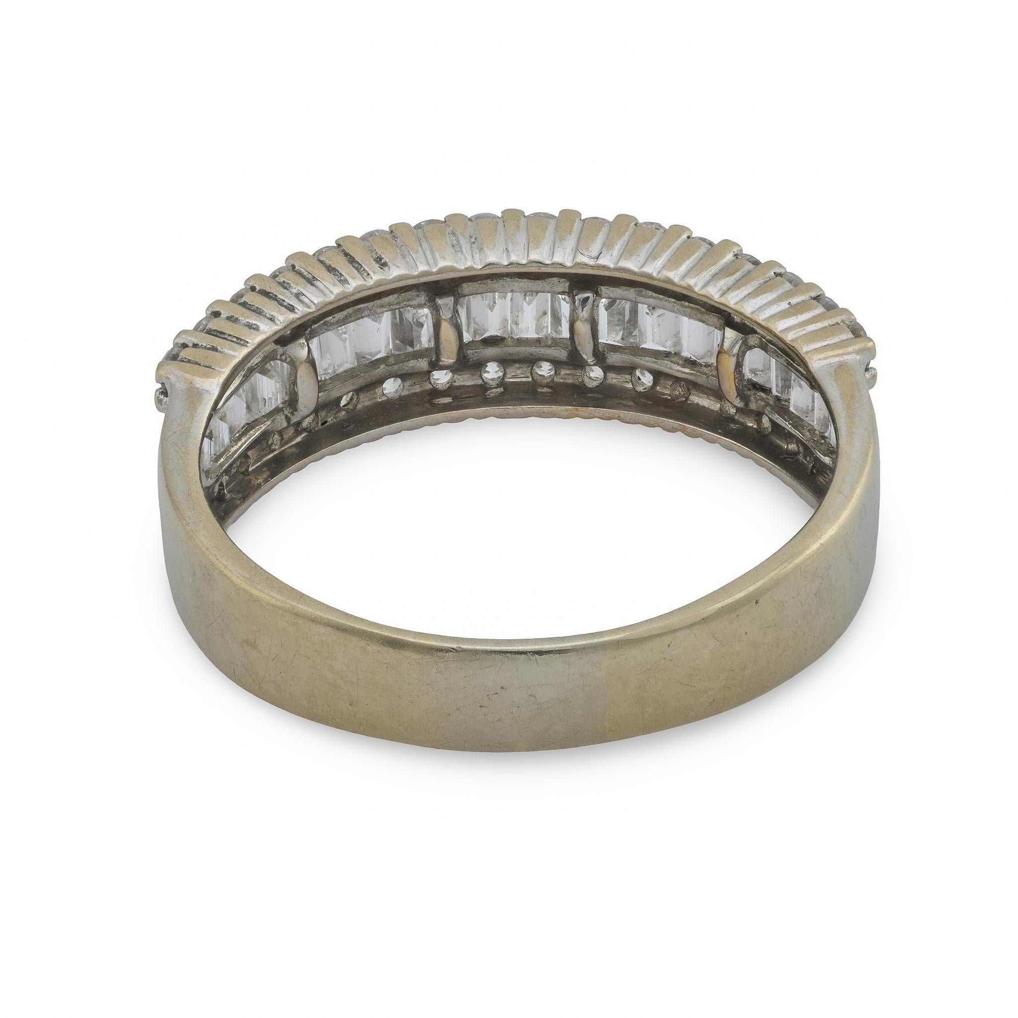 Vintage round and baguette diamond 14k white gold half eternity band For Sale 1