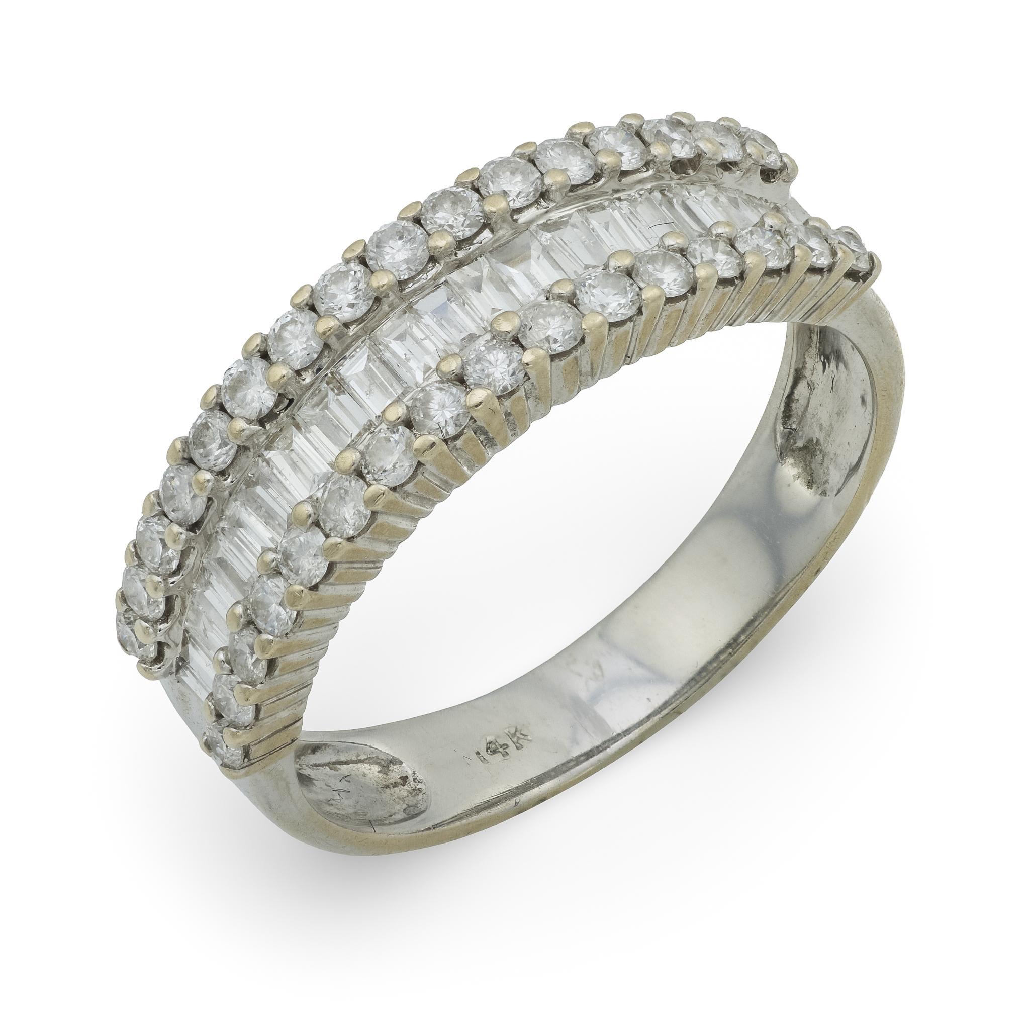Vintage round and baguette diamond 14k white gold half eternity band For Sale 3