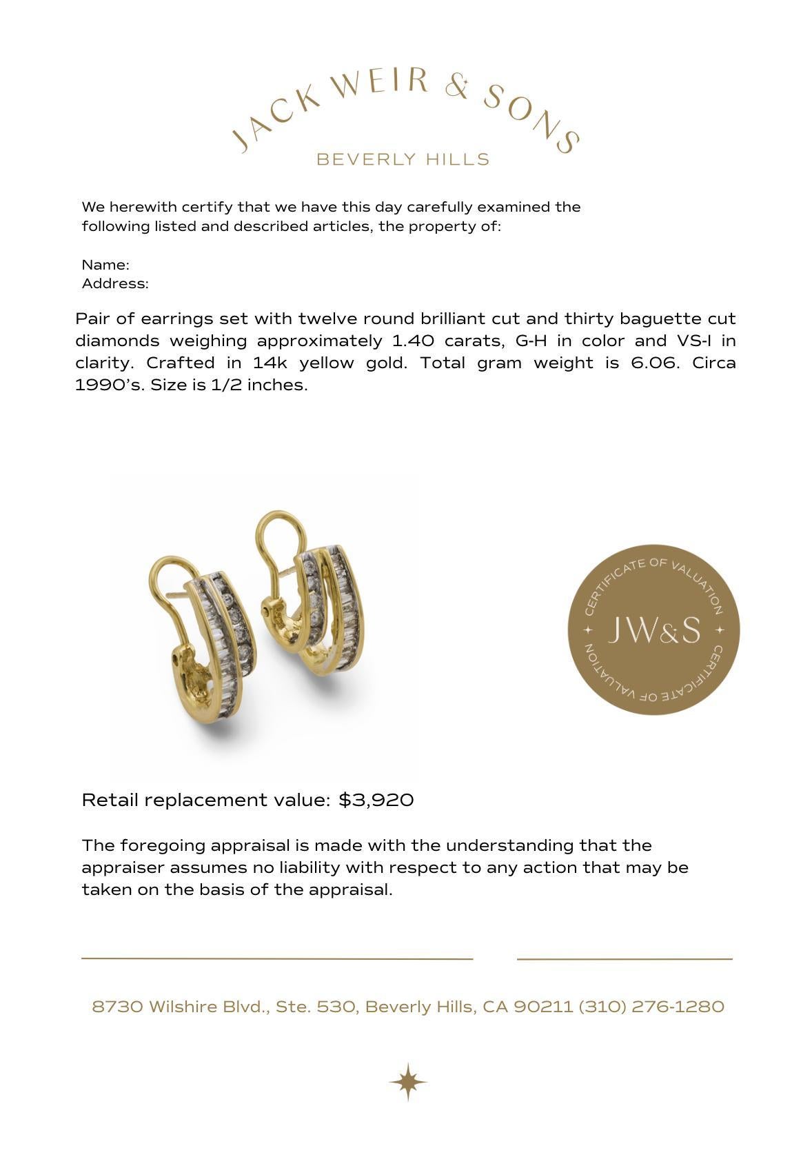 Pendientes de doble aro vintage de oro amarillo de 14k con diamante redondo y baguette en venta 2