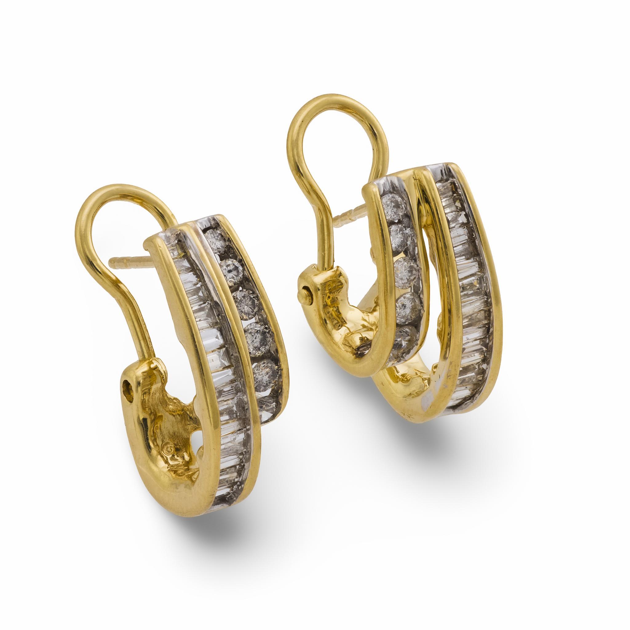 Pendientes de doble aro vintage de oro amarillo de 14k con diamante redondo y baguette en venta