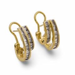 Vintage runde und Baguette-Diamanten 14k Gelbgold doppelten Reifen Ohrringe