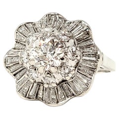 Old European Cut Round and Baguette Diamond Cocktail Ring in Platinum E-F / VS1
