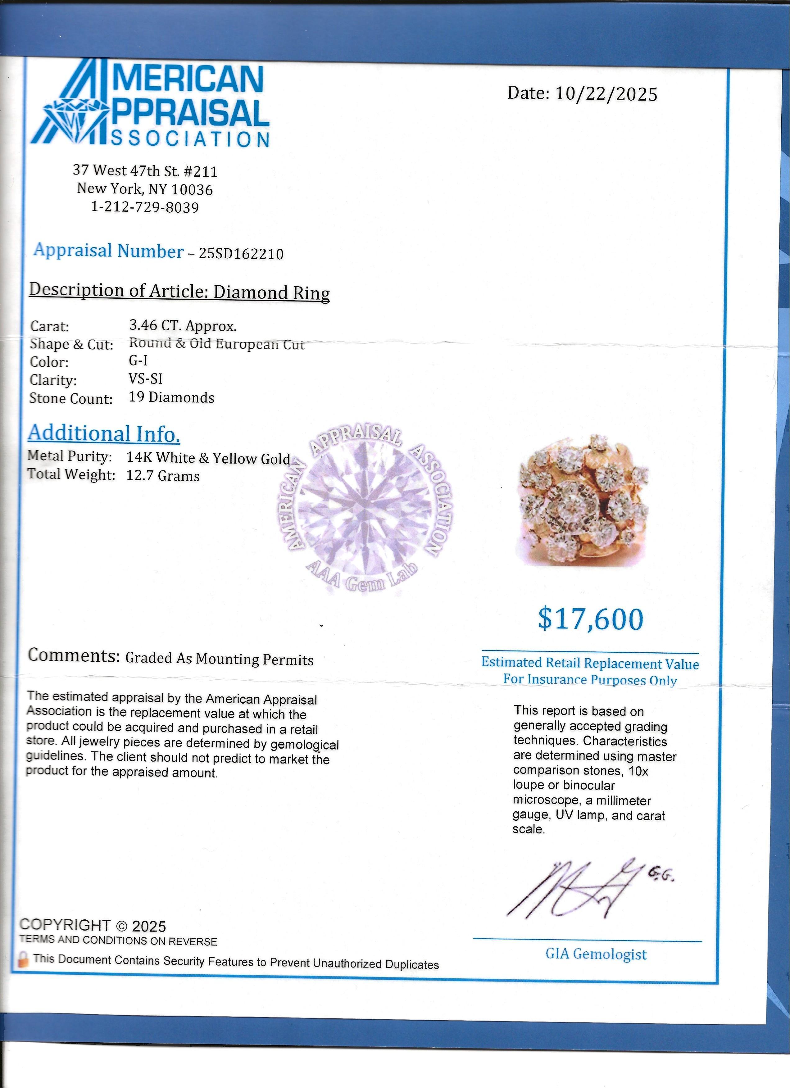 Vintage Round und Old European Cut Diamond Domed Cluster Ring in 14 Karat Gold im Angebot 7