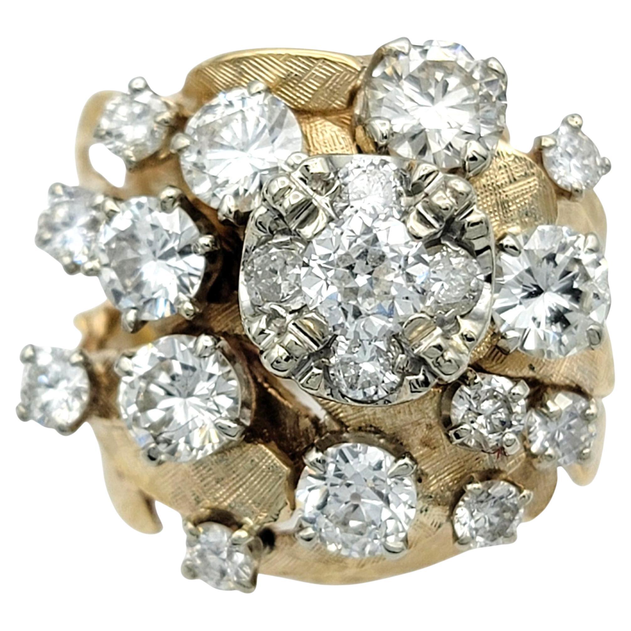 Anello a grappolo con diamante rotondo e vecchio taglio europeo vintage in oro 14 carati