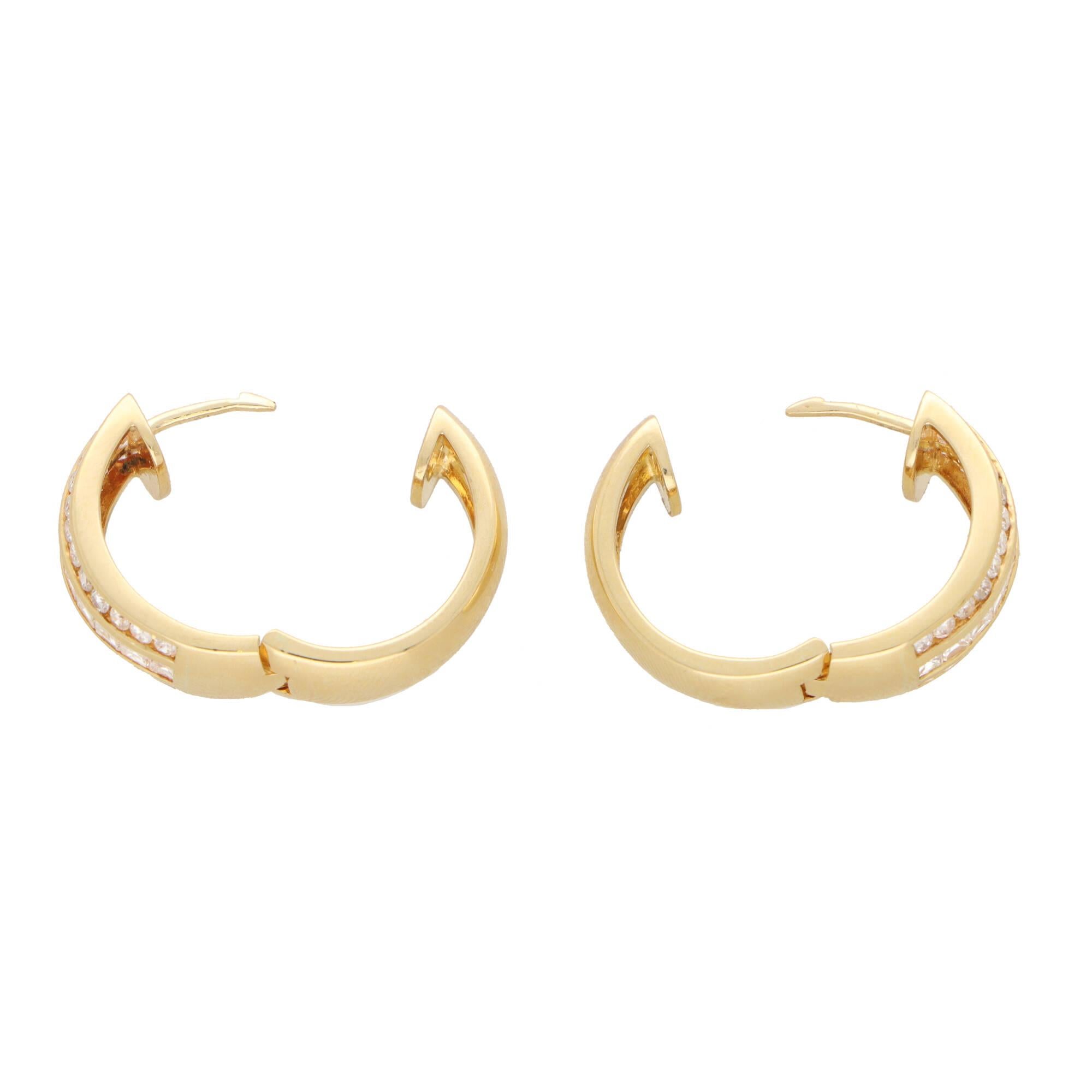 Modern Vintage Round and Princess Cut Diamond Hoop Earrings in 18k Yellow Gold
