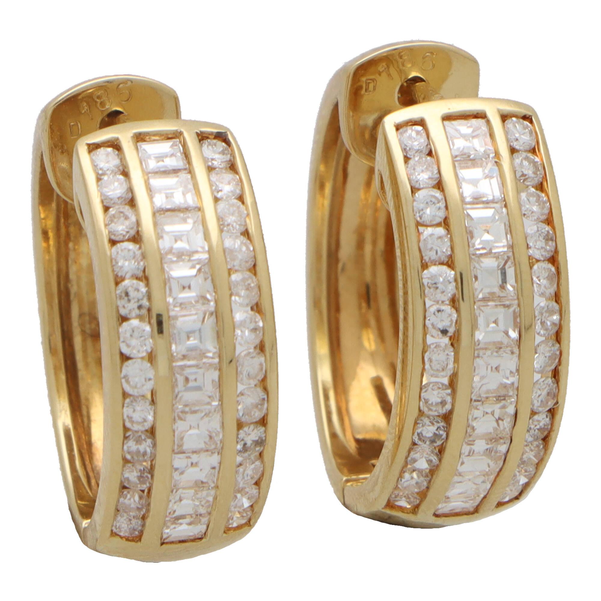 Vintage Round and Princess Cut Diamond Hoop Earrings in 18k Yellow Gold In Excellent Condition In London, GB