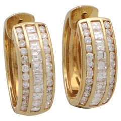 Vintage Round and Princess Cut Diamond Hoop Earrings in 18k Yellow Gold