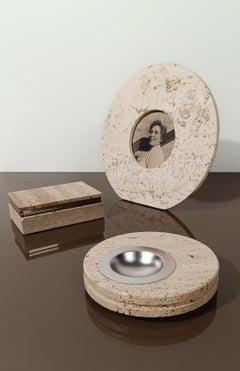 Vintage Round Ashtray in Carved Travertine & Steel, Italy, 1970s