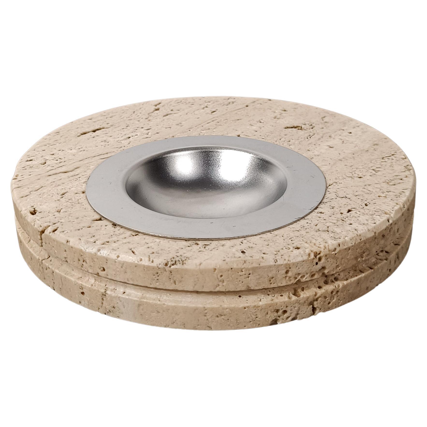 Vintage Round Ashtray in Carved Travertine & Steel, Italy, 1970s