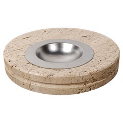 Vintage Round Ashtray in Carved Travertine & Steel, Italy, 1970s