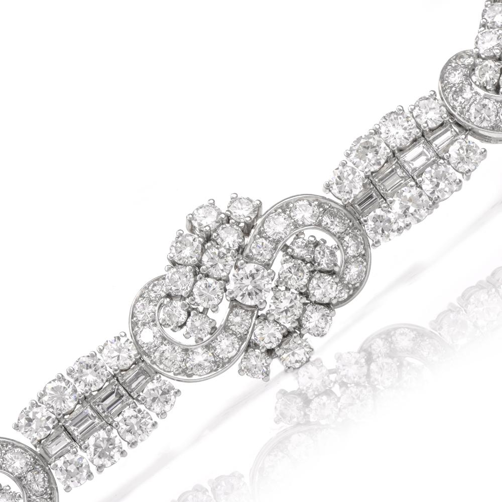 Women's Vintage Round Baguette Diamond Platinum Wide Bracelet