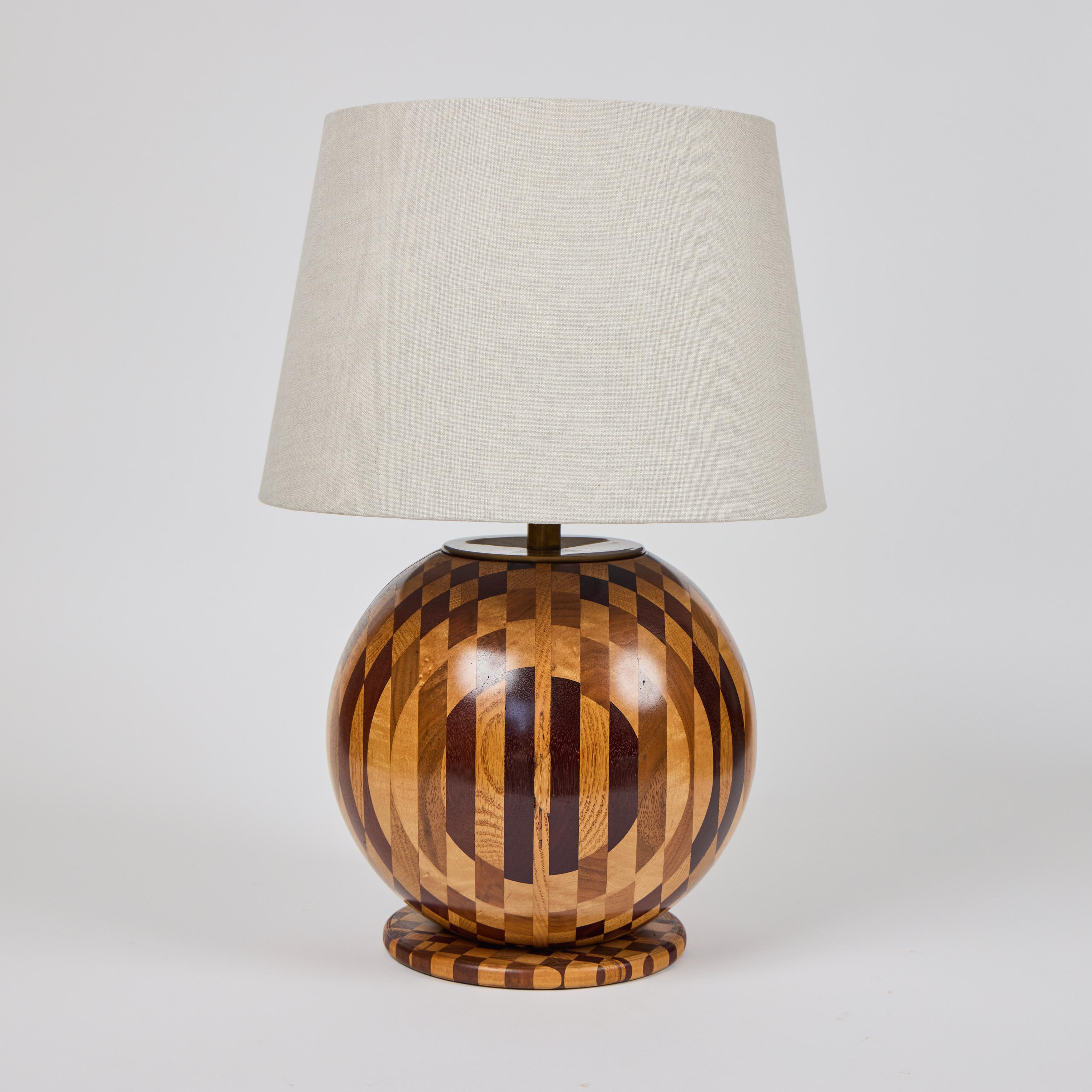 Vintage Round Ball Marquetry Wood Table Lamp For Sale 3