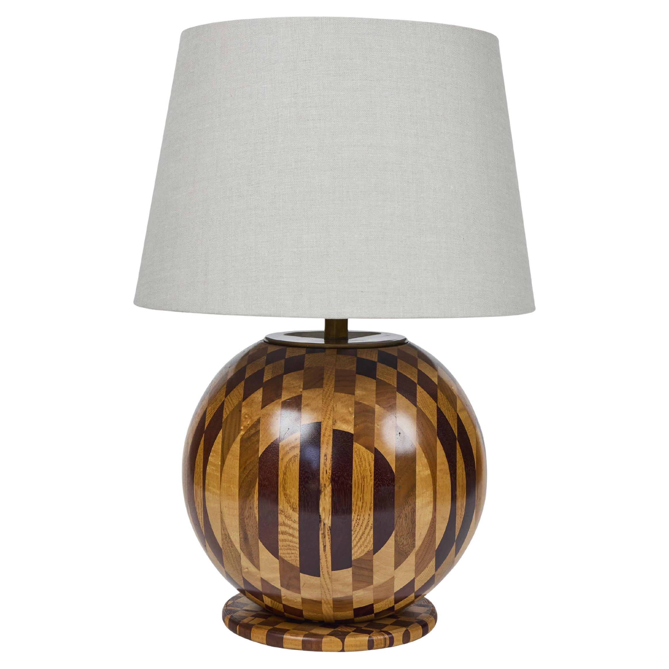 Vintage Round Ball Marquetry Wood Table Lamp For Sale