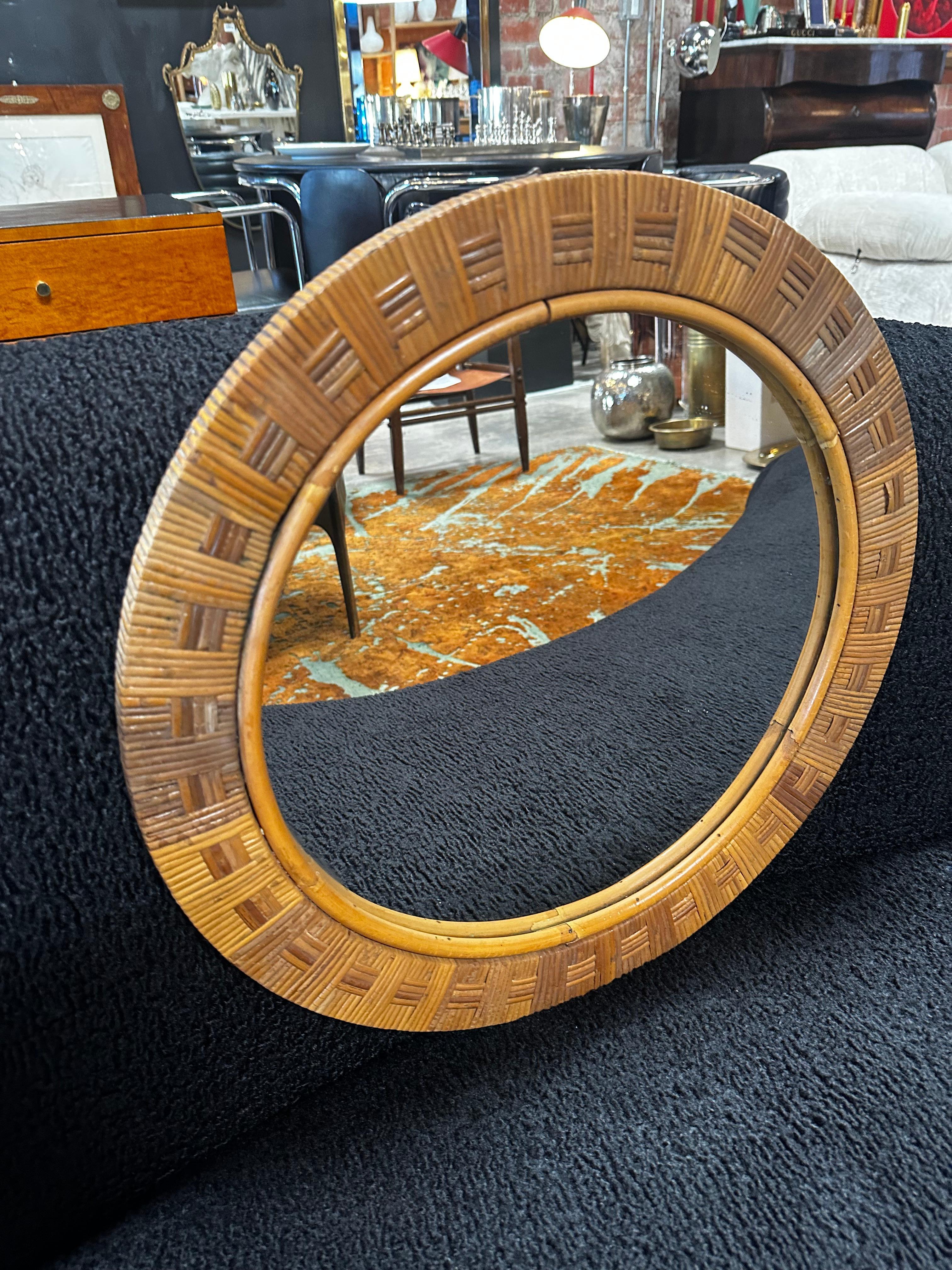 Mid-Century Modern Vintage Round Bamboo Mirror, Italy, 1980s For Sale
