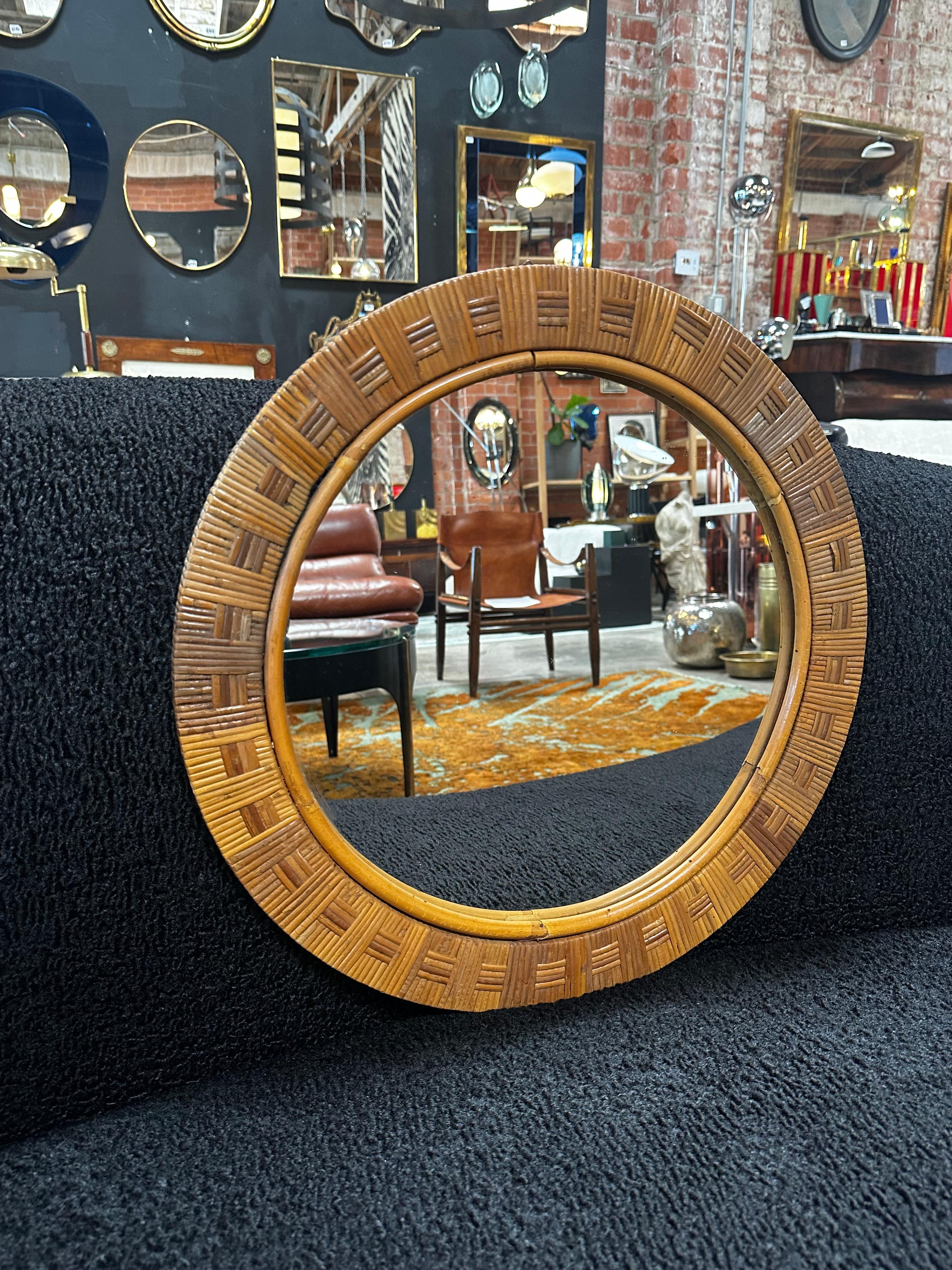 Vintage Round Bamboo Mirror, Italy, 1980s In Good Condition For Sale In Los Angeles, CA