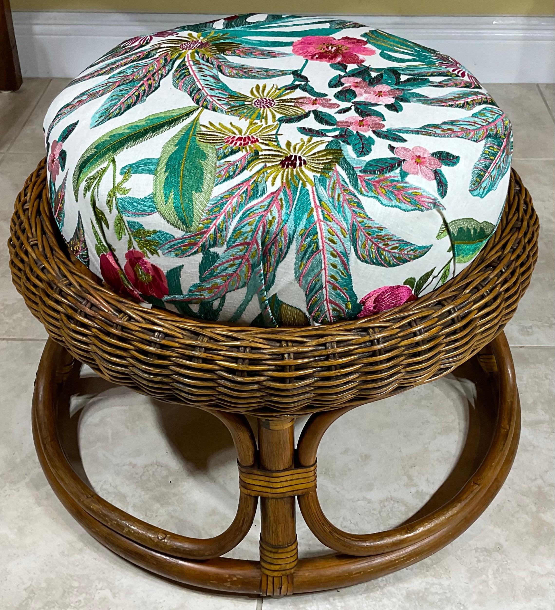 Hand-Crafted Vintage Round Bamboo Tropical Style Stool