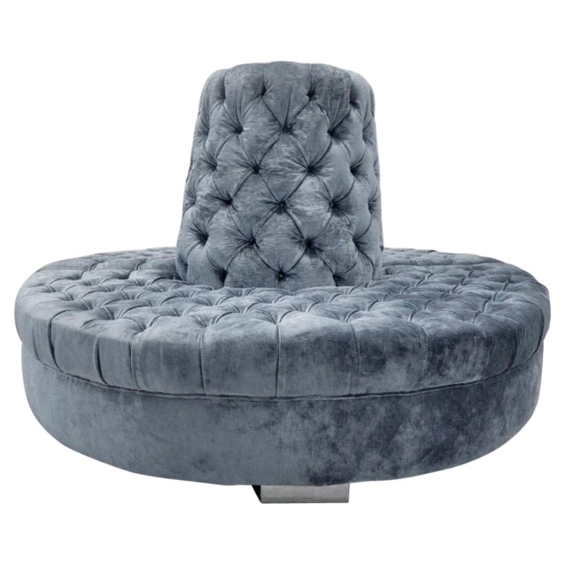 Vintage Round Banquet Settee Tufted Sofa Newly Reupholstered in Blue Velvet