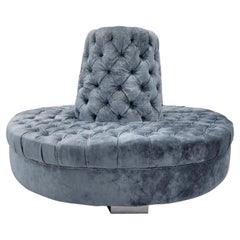 Vintage Round Banquet Settee Tufted Sofa Newly Reupholstered in Blue Velvet