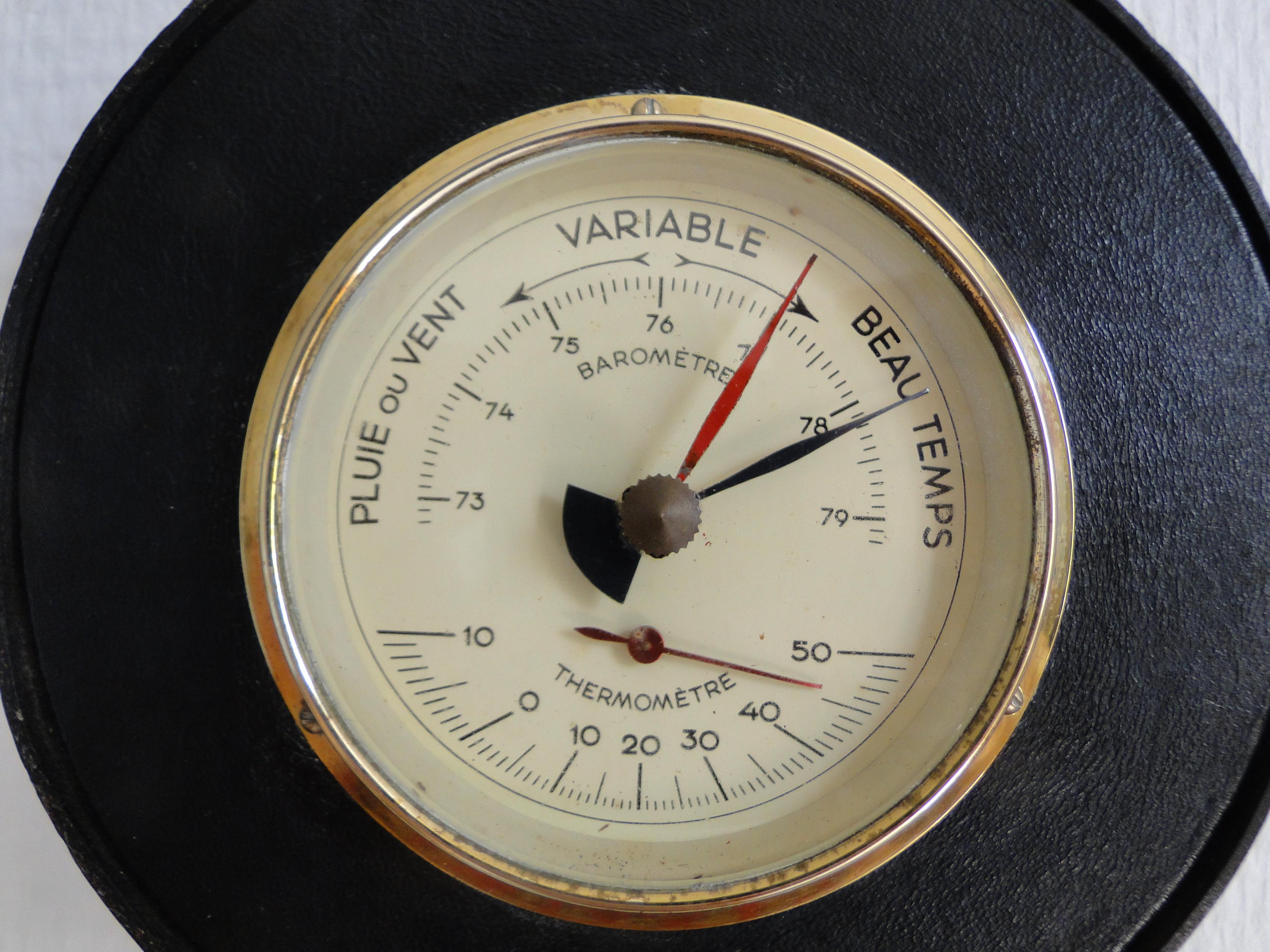 Mid-Century Modern Jacques Adnet  Round Barometer in Black Leather and Brass France 