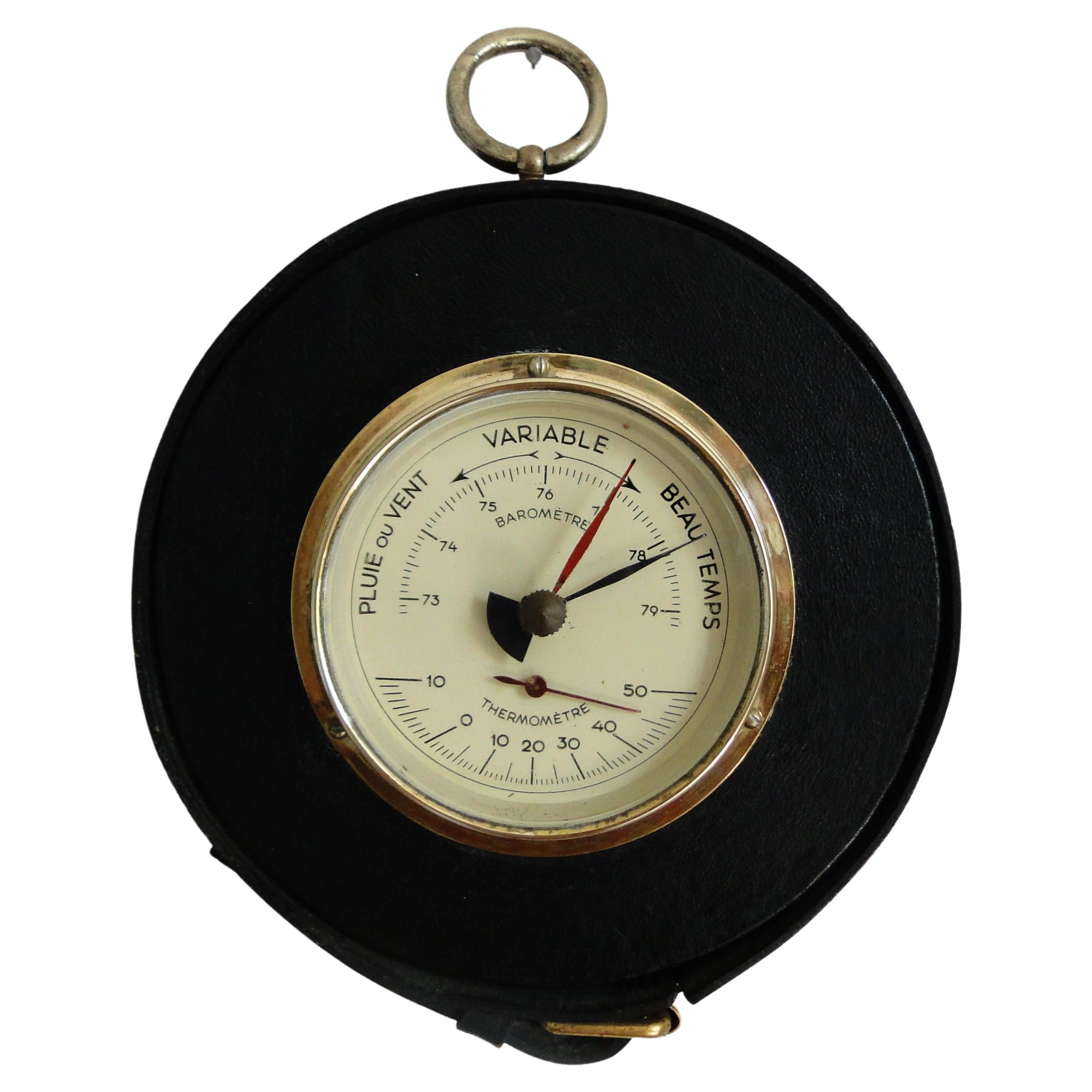 Jacques Adnet  Round Barometer in Black Leather and Brass France 