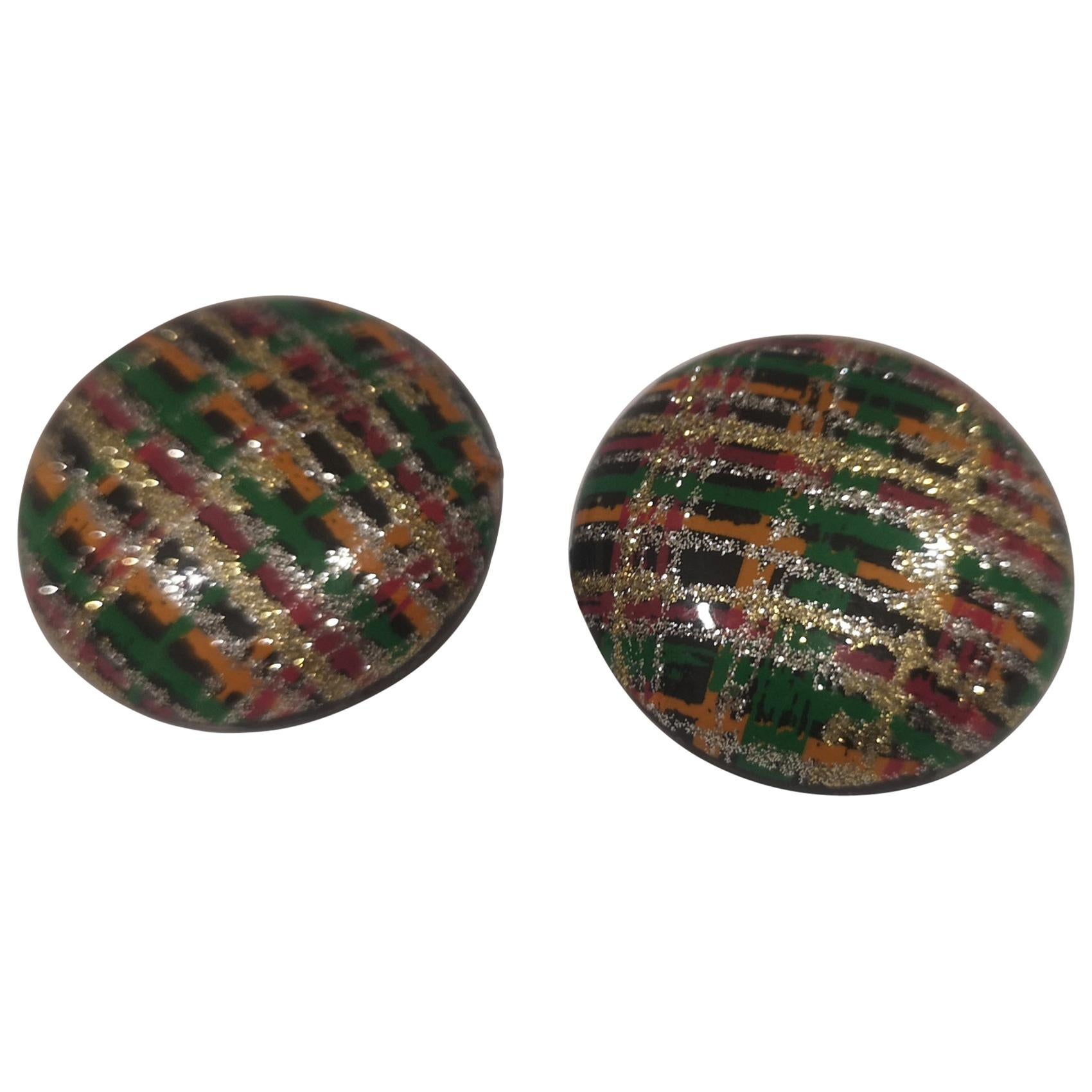 Vintage round black glitter multicoloured clip-on earrings