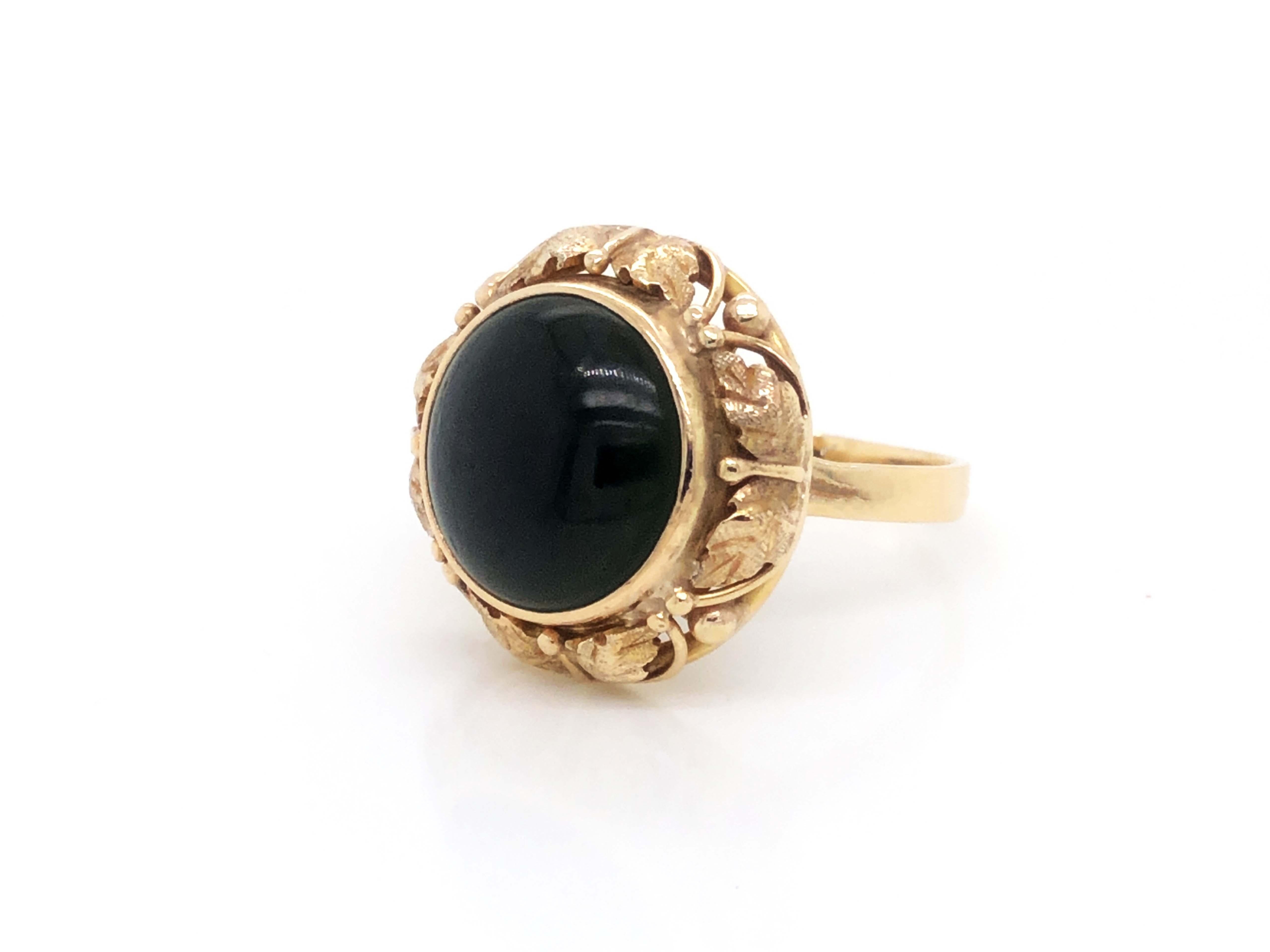 Modern Vintage Round Black Jade Ring with Leaf Design, 14k Yellow Gold