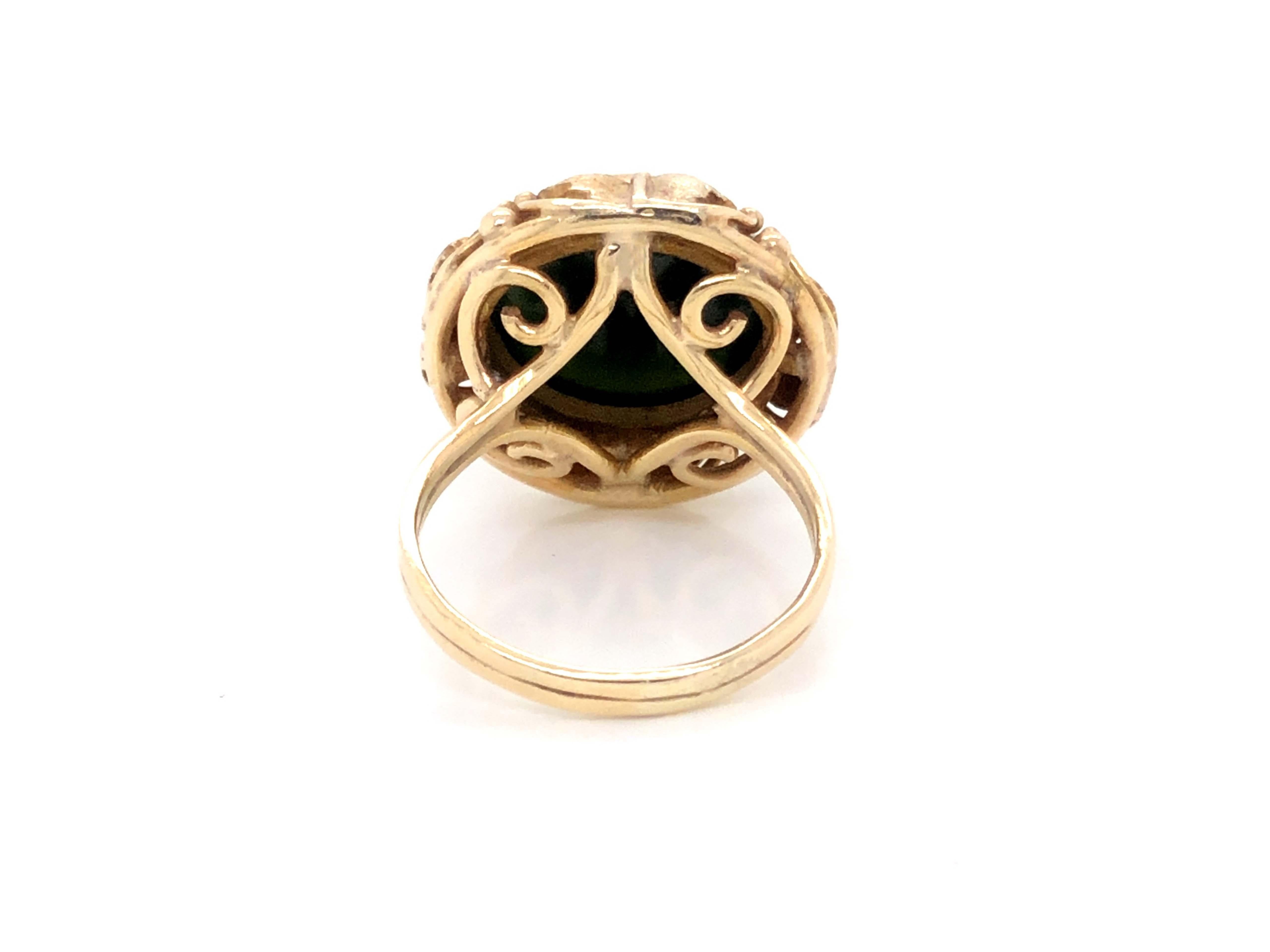 Women's Vintage Round Black Jade Ring with Leaf Design, 14k Yellow Gold