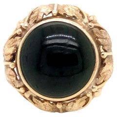Vintage Round Black Jade Ring with Leaf Design, 14k Yellow Gold